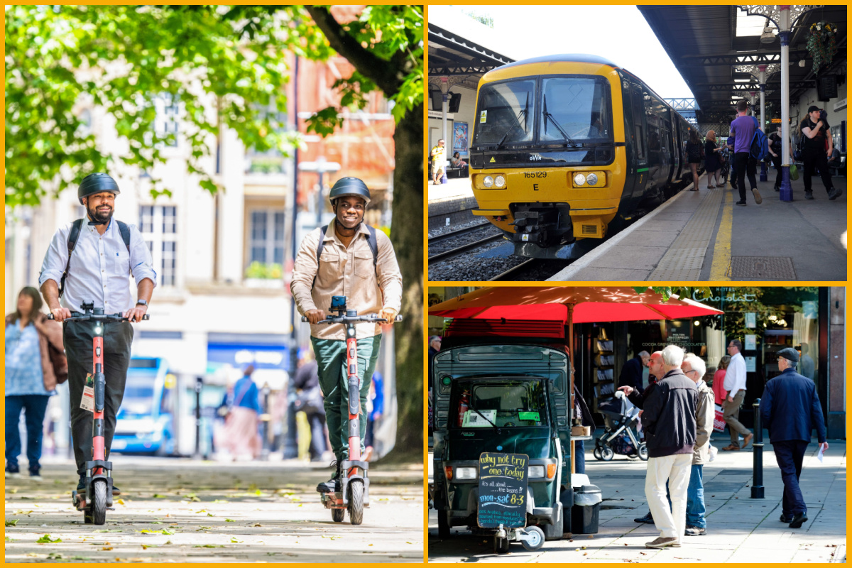 A collage of people commuting in and around Cheltenham